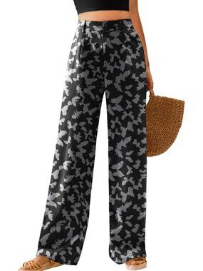 Women's Black Gray Butterfly High Waisted Button Down Long Casual Wide Leg Pants